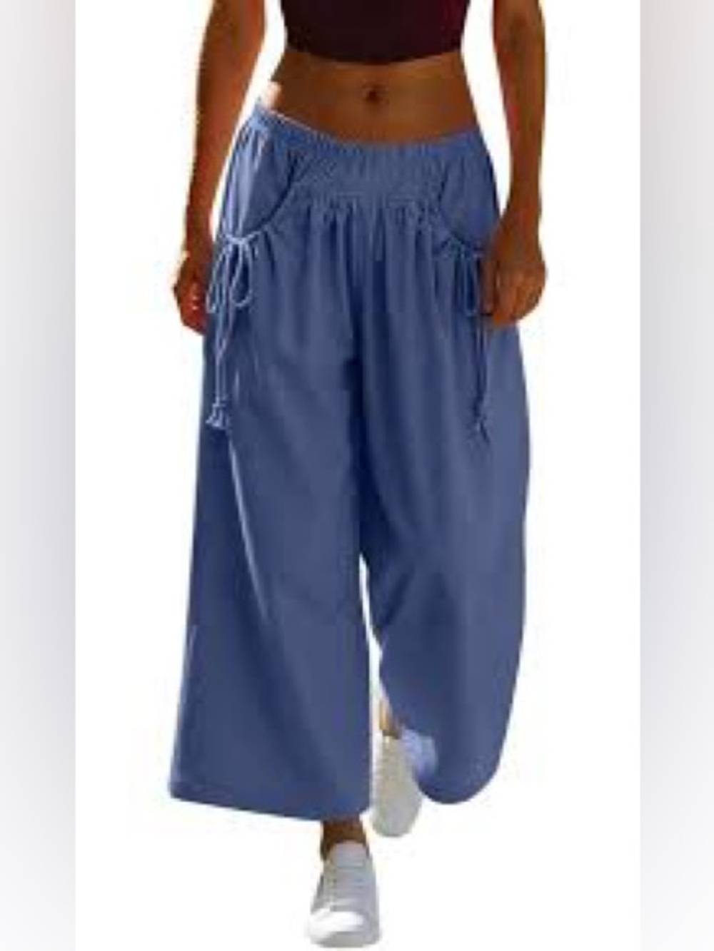 Wide-Leg Smocked Waist Pants - Blue